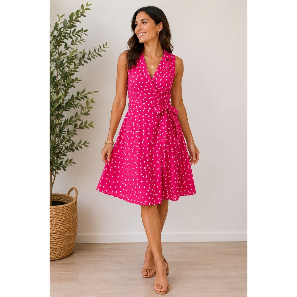 Jones Studio Pink Polka Dot Sleeveless Faux Wrap Dress Size 4